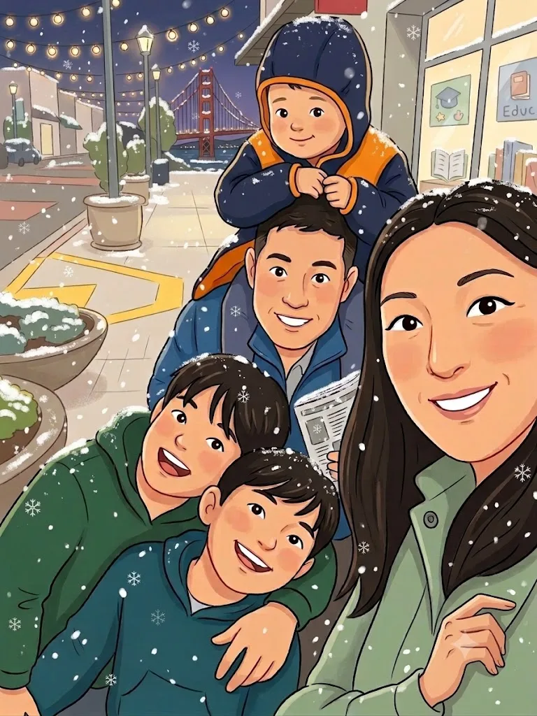 Erik and his family smiling together on a snowy evening in San Francisco, with the Golden Gate Bridge lit up in the background