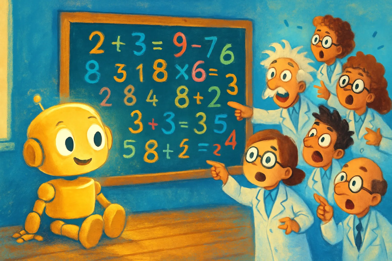A cartoon robot solving a giant math problem on a chalkboard while scientists cheer