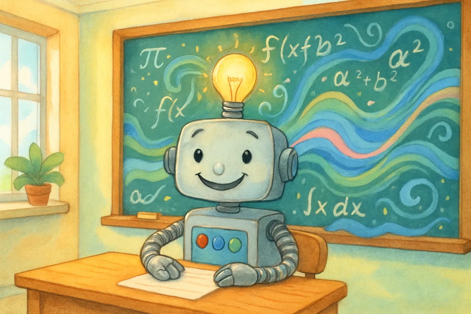 A cheerful cartoon robot at a chalkboard covered in colorful swirling math equations and wave patterns
