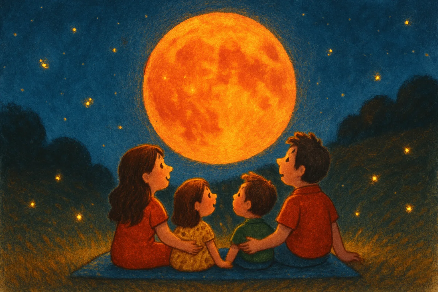 Illustrated glowing orange-red moon over a dark hillside at night with a family watching in wonder from a blanket