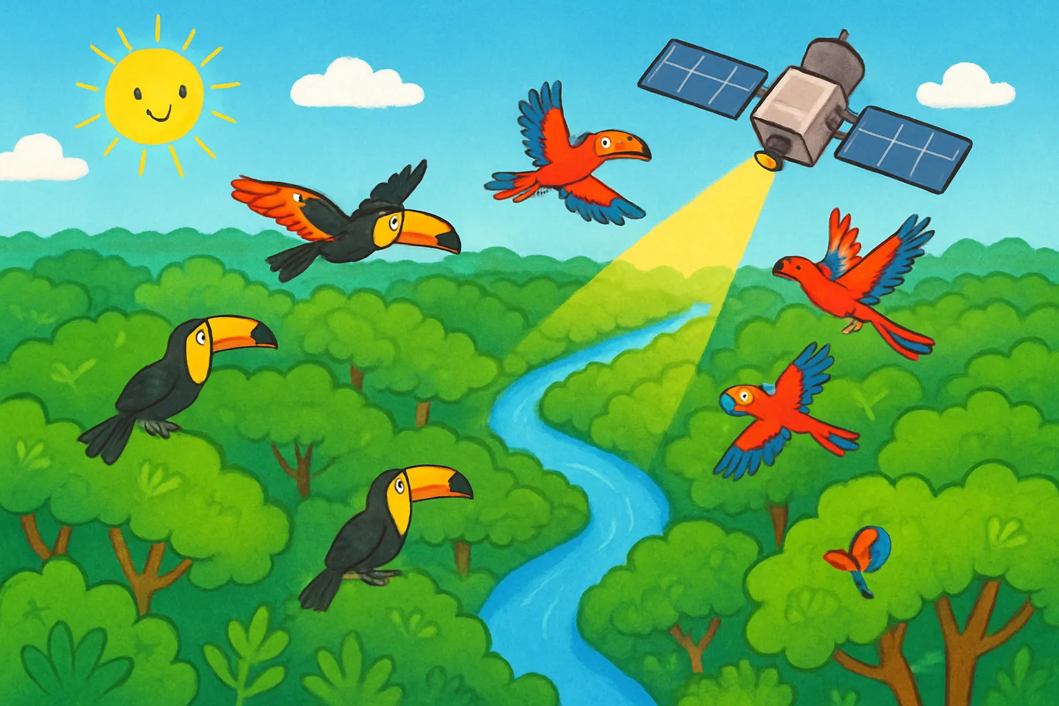 Illustration of the Amazon rainforest with colorful birds and a river, with a satellite tracking the forest from space