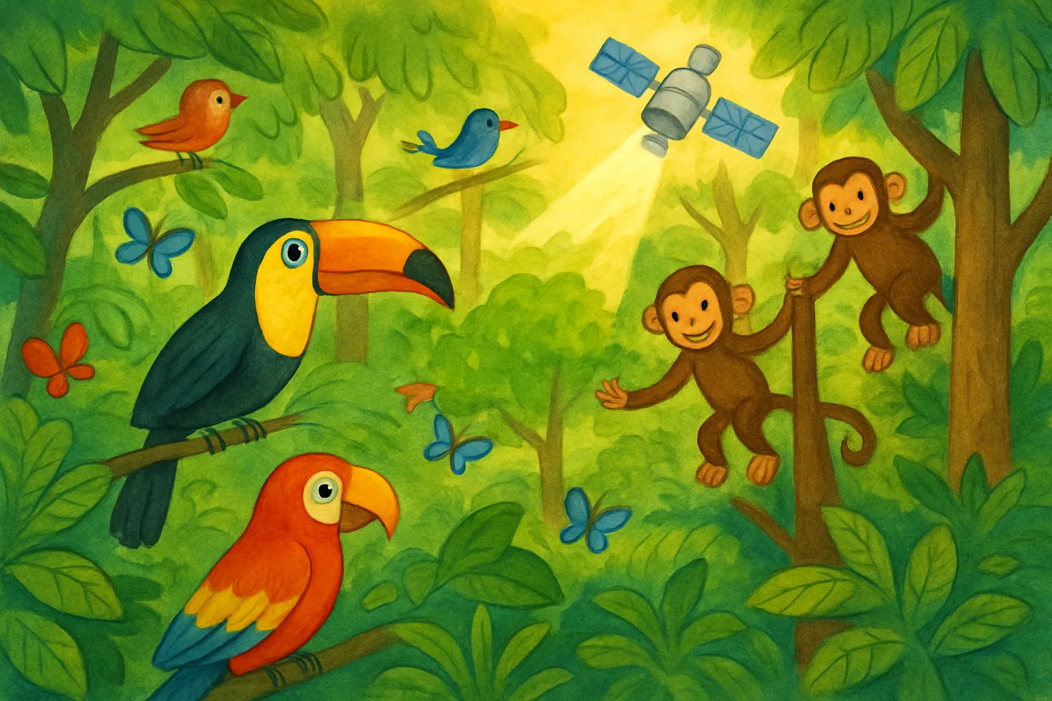 A lush green Amazon rainforest filled with colorful wildlife and a satellite above monitoring the trees