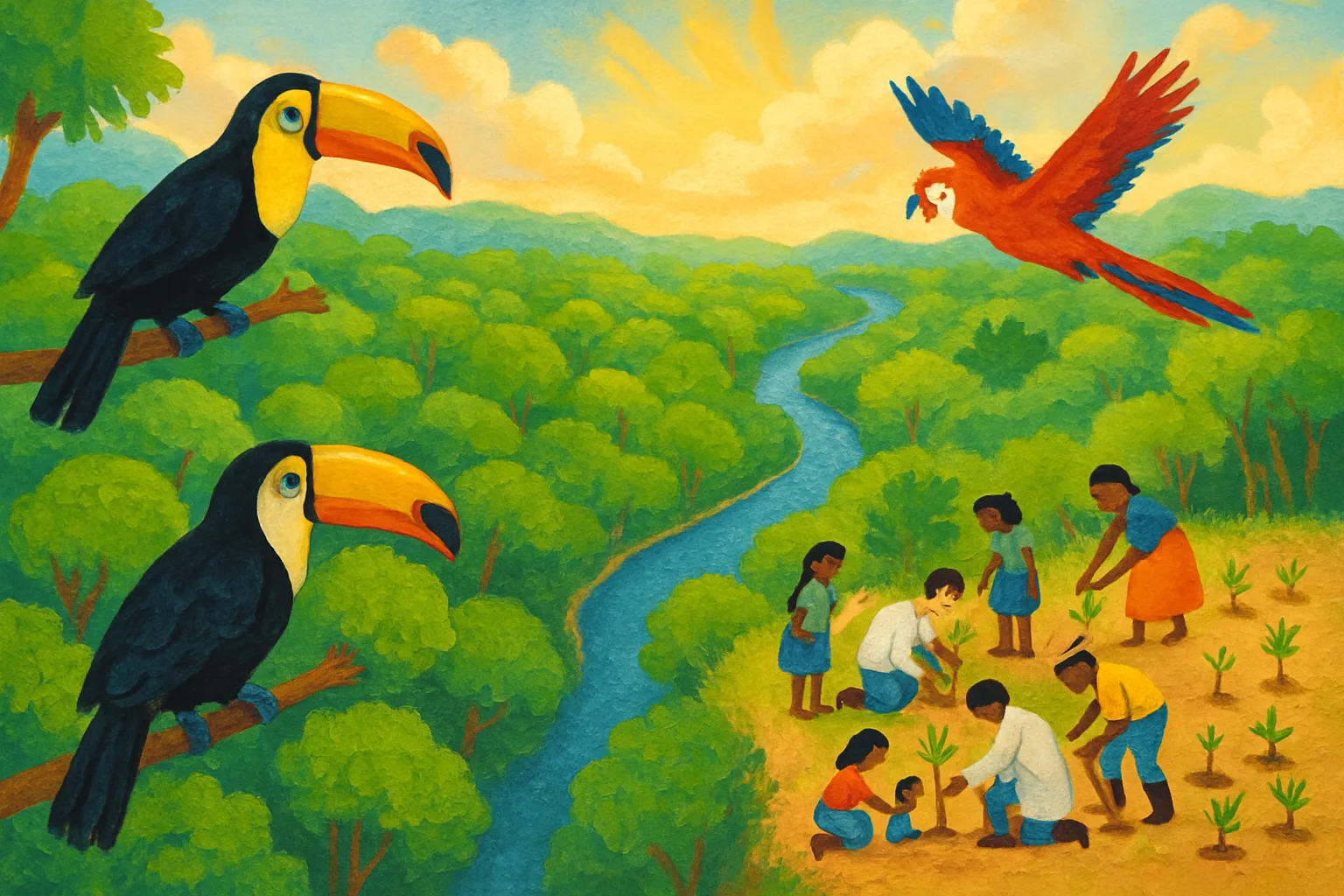 A lush Amazon rainforest canopy with colorful birds and a winding river, with people planting trees at the edge