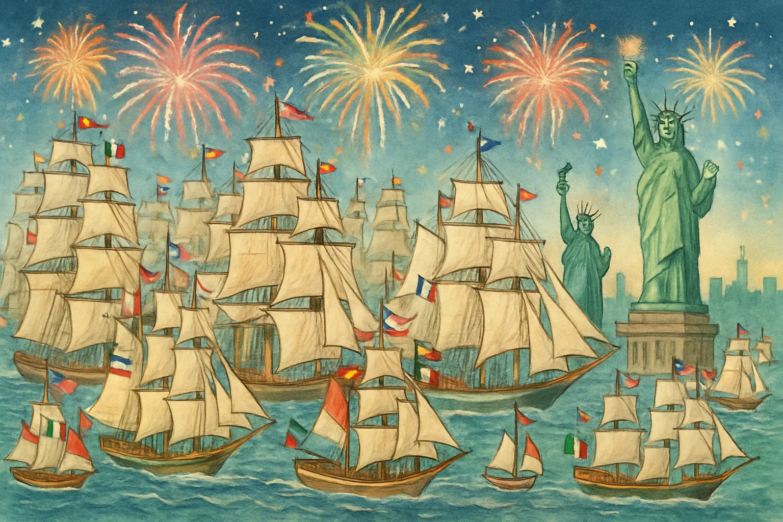 Illustration of tall sailing ships from many nations parading past the Statue of Liberty in New York Harbor for America's 250th birthday celebration