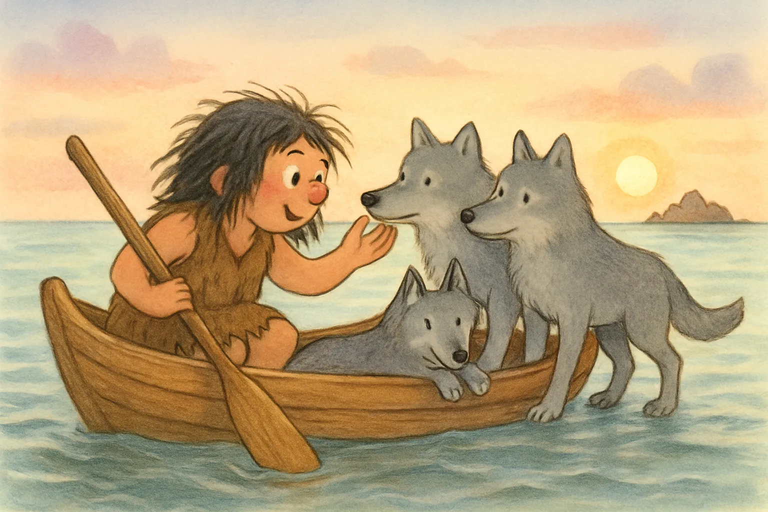 A children's book illustration of a prehistoric person bringing gray wolves to a remote island by boat, showing an early friendship between humans and wolves