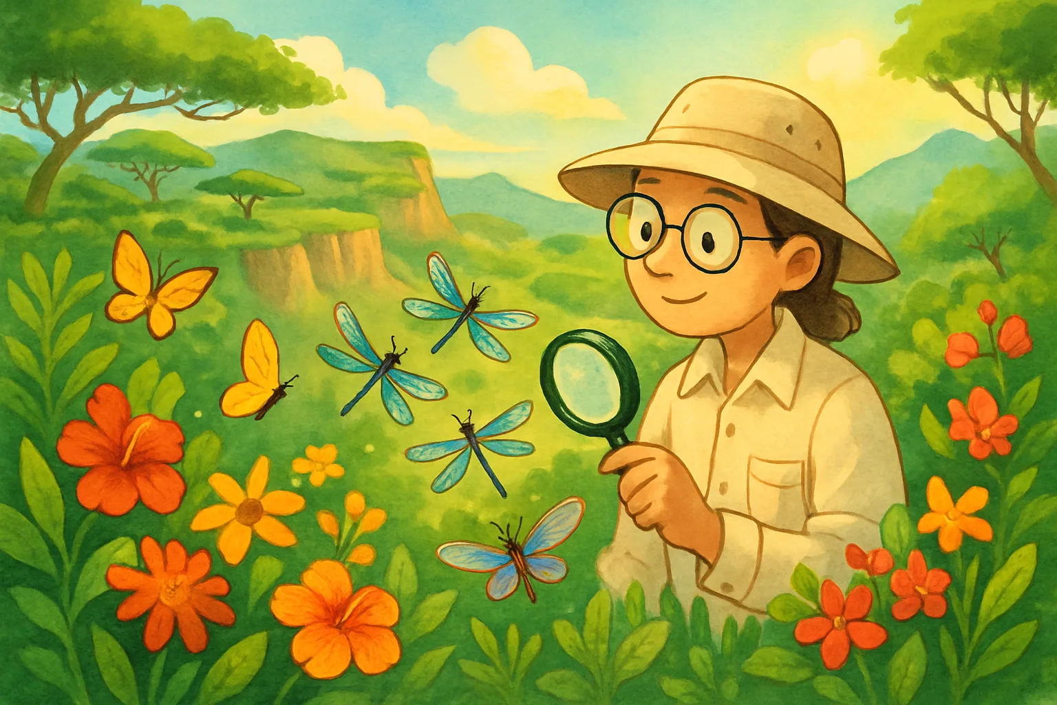 A scientist on a green African plateau surrounded by colorful dragonflies and butterflies never seen before