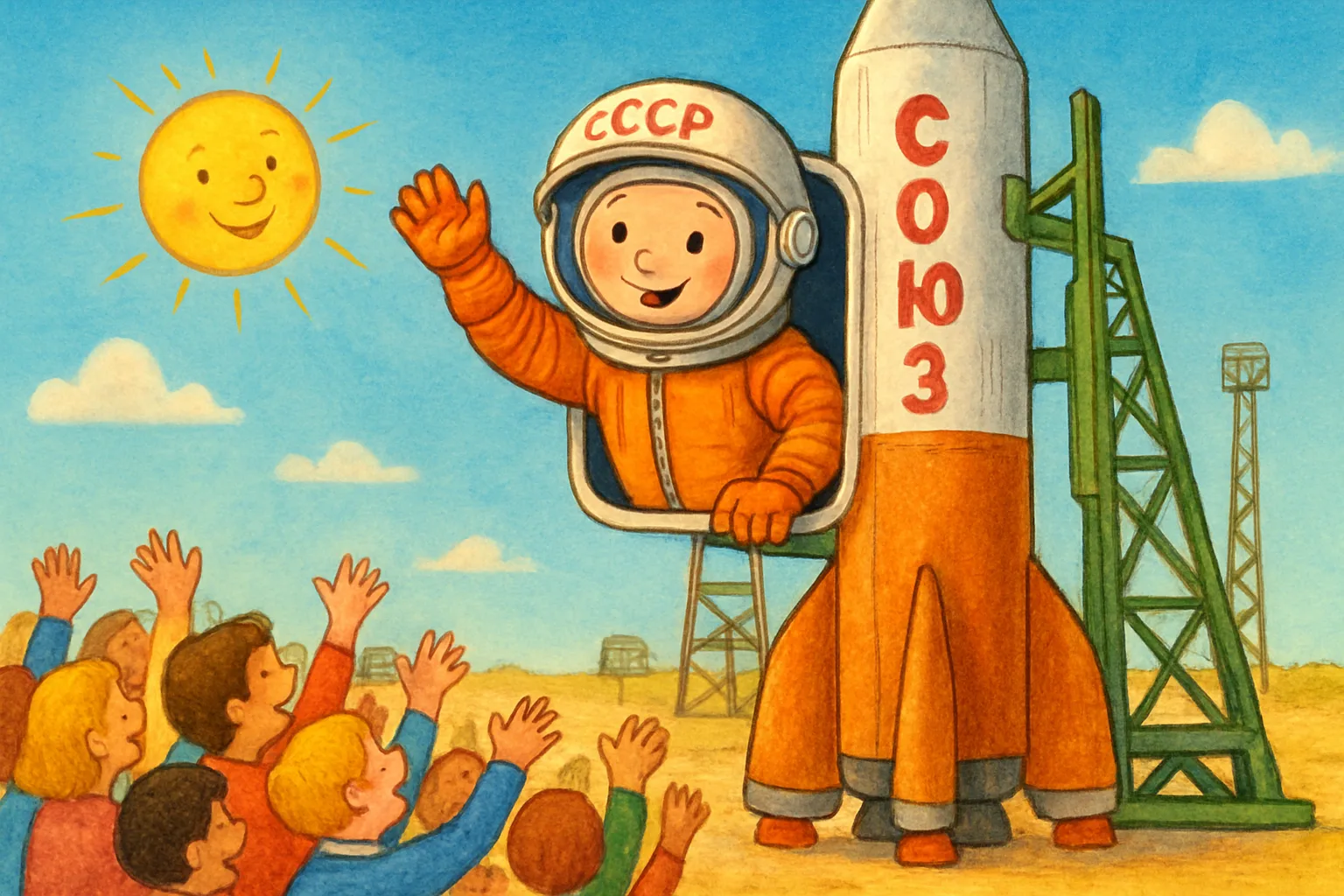 An astronaut in an orange spacesuit waves from a Soyuz rocket before launch