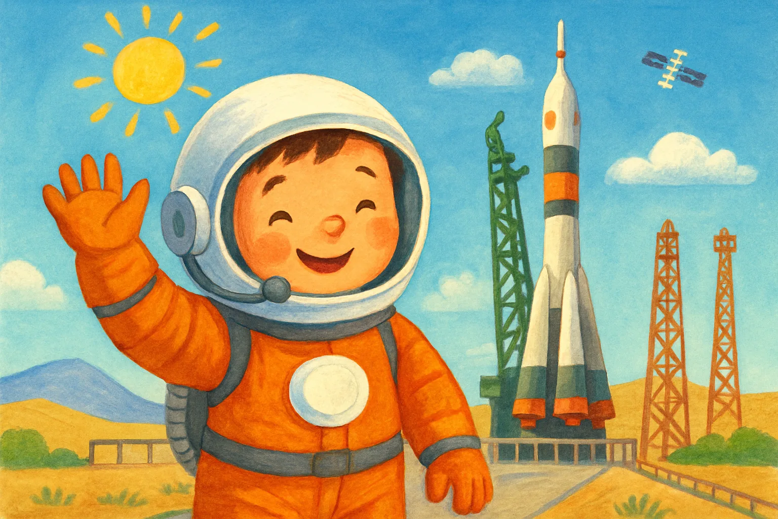 Smiling astronaut in orange spacesuit waving at a launch pad with a rocket ready to blast off