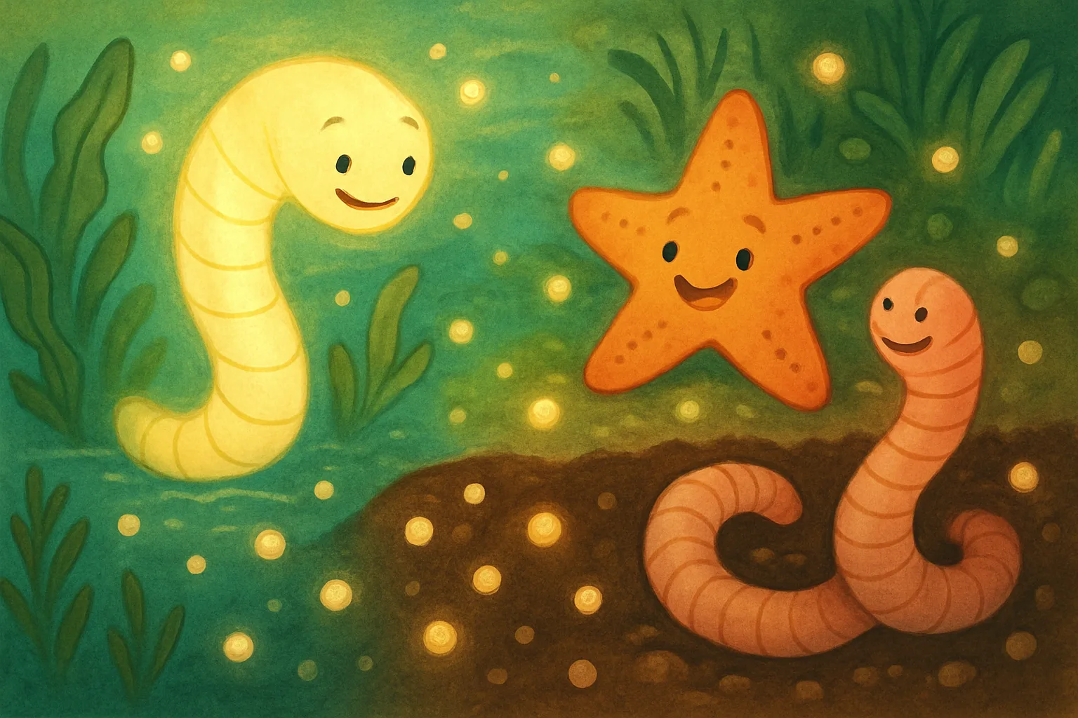 A friendly illustrated marine worm and starfish surrounded by glowing green beads of natural bioplastic in an underwater scene