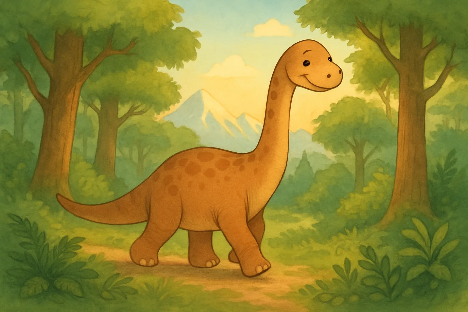 Illustration of a long-necked titanosaur dinosaur walking through a green prehistoric forest
