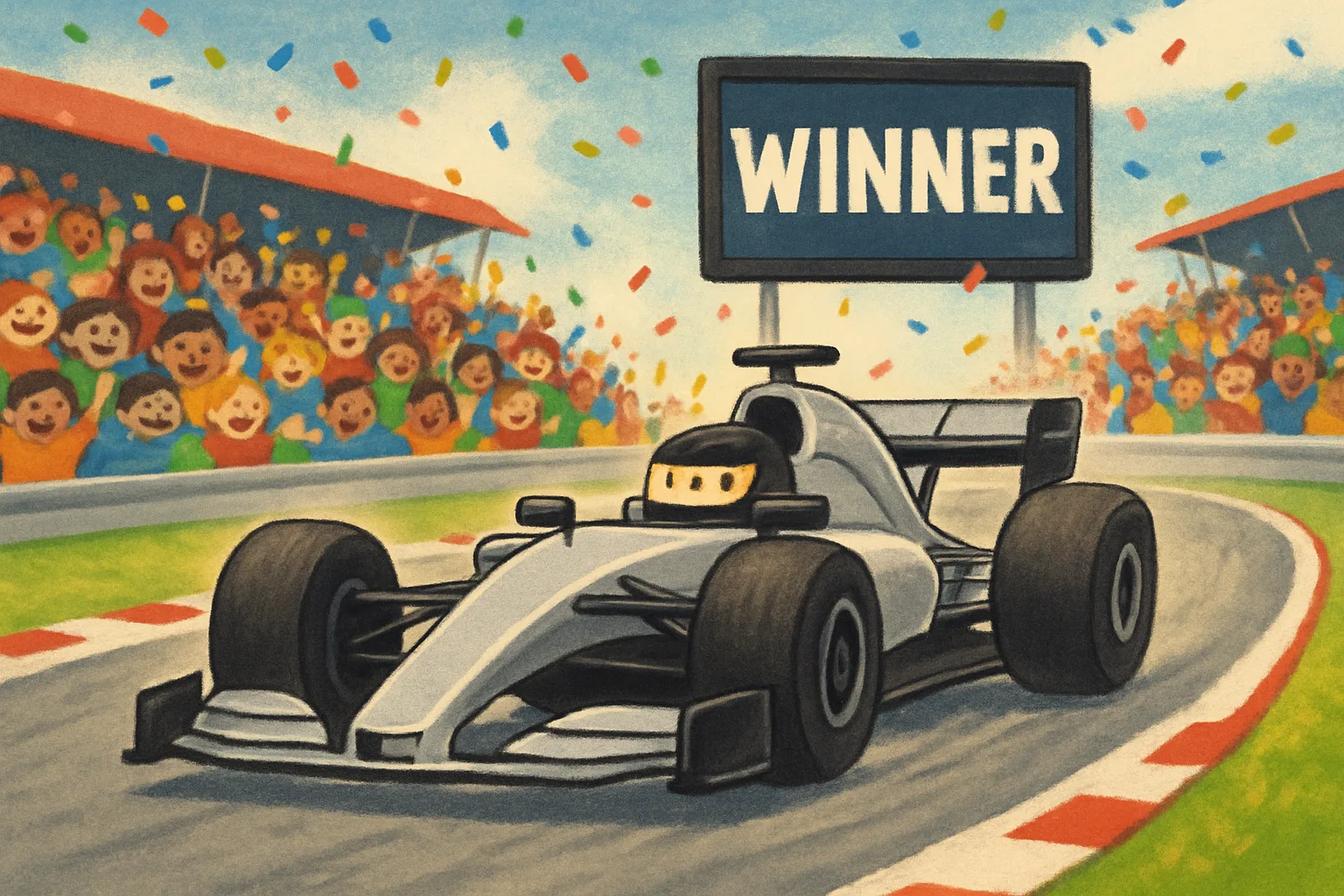 Illustrated Formula 1 silver race car zooming around the Spa-Francorchamps circuit in Belgium with cheering fans in the stands