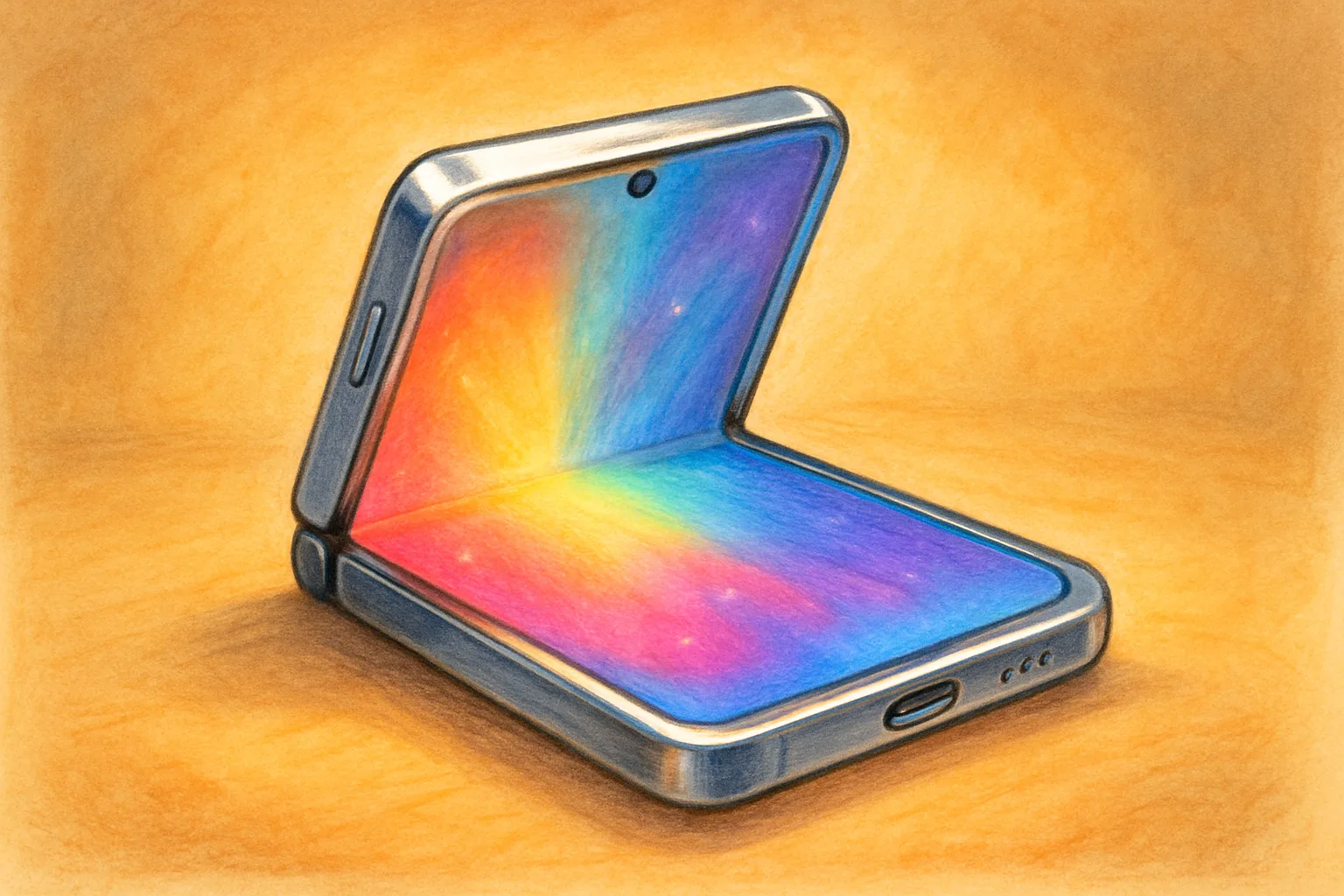 A colorful foldable smartphone opening up like a book with a glowing screen inside