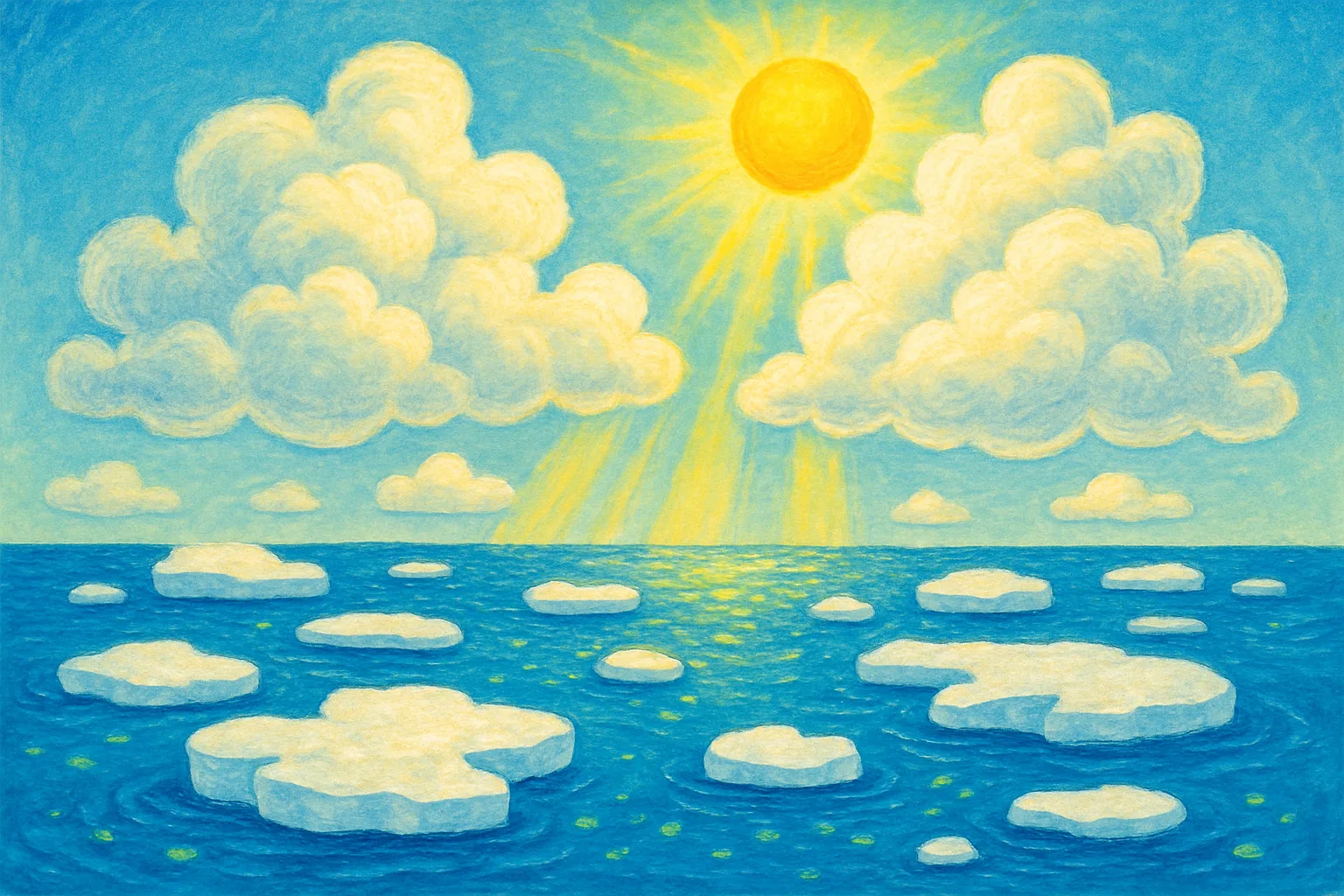 White clouds forming above melting Arctic sea ice, with golden sunlight and green algae in the blue water, illustrated in a children's book style