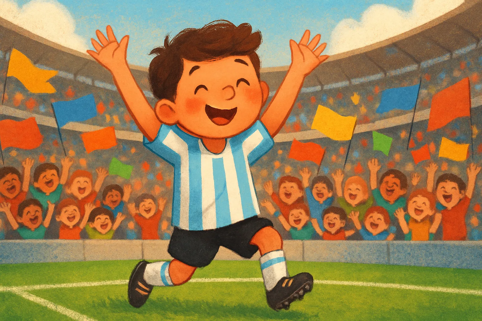Children's book illustration of a soccer player celebrating a last-minute goal in a packed World Cup stadium