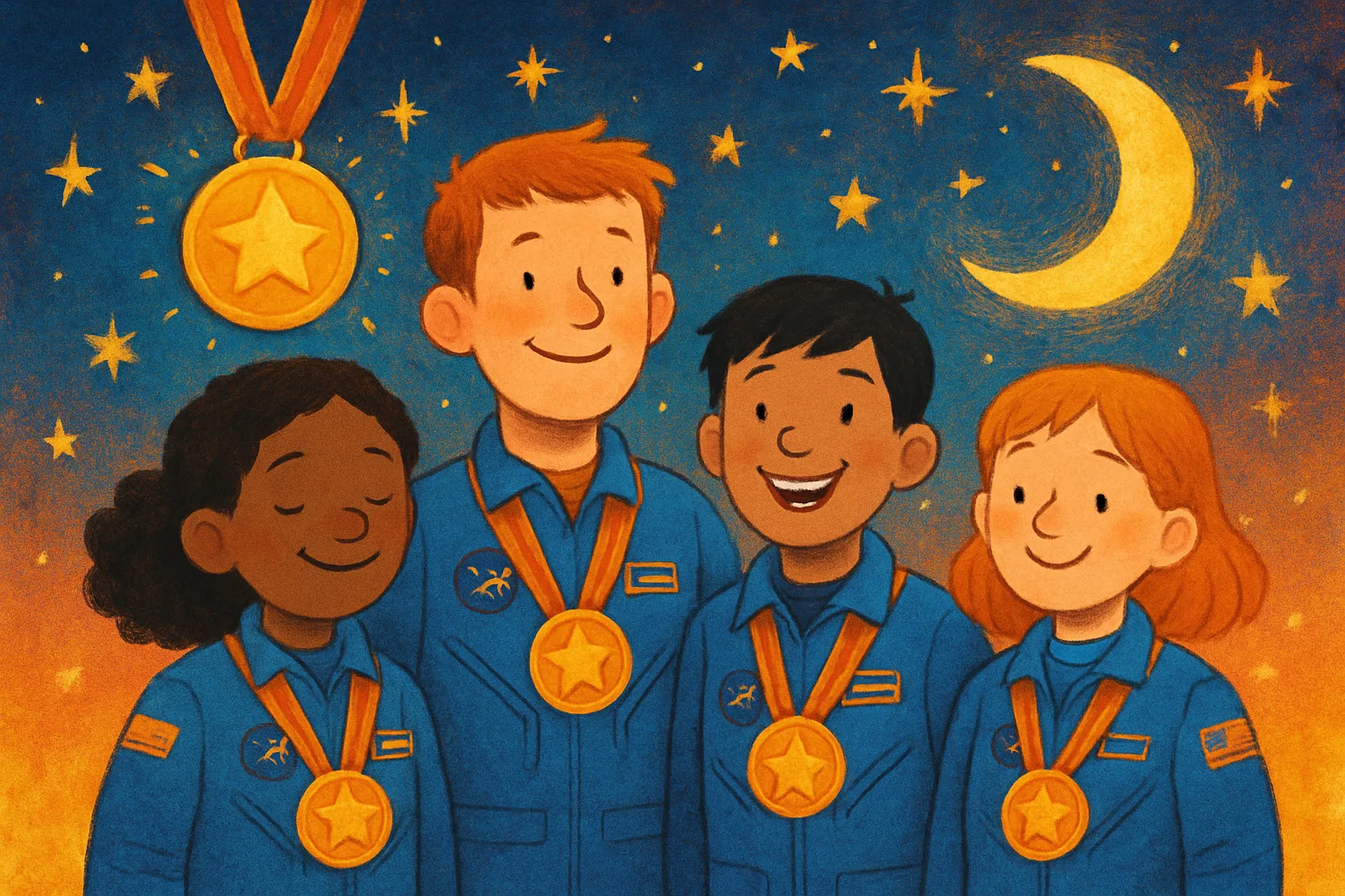 Illustration of four astronauts in blue flight suits receiving gold medals under a glowing moon
