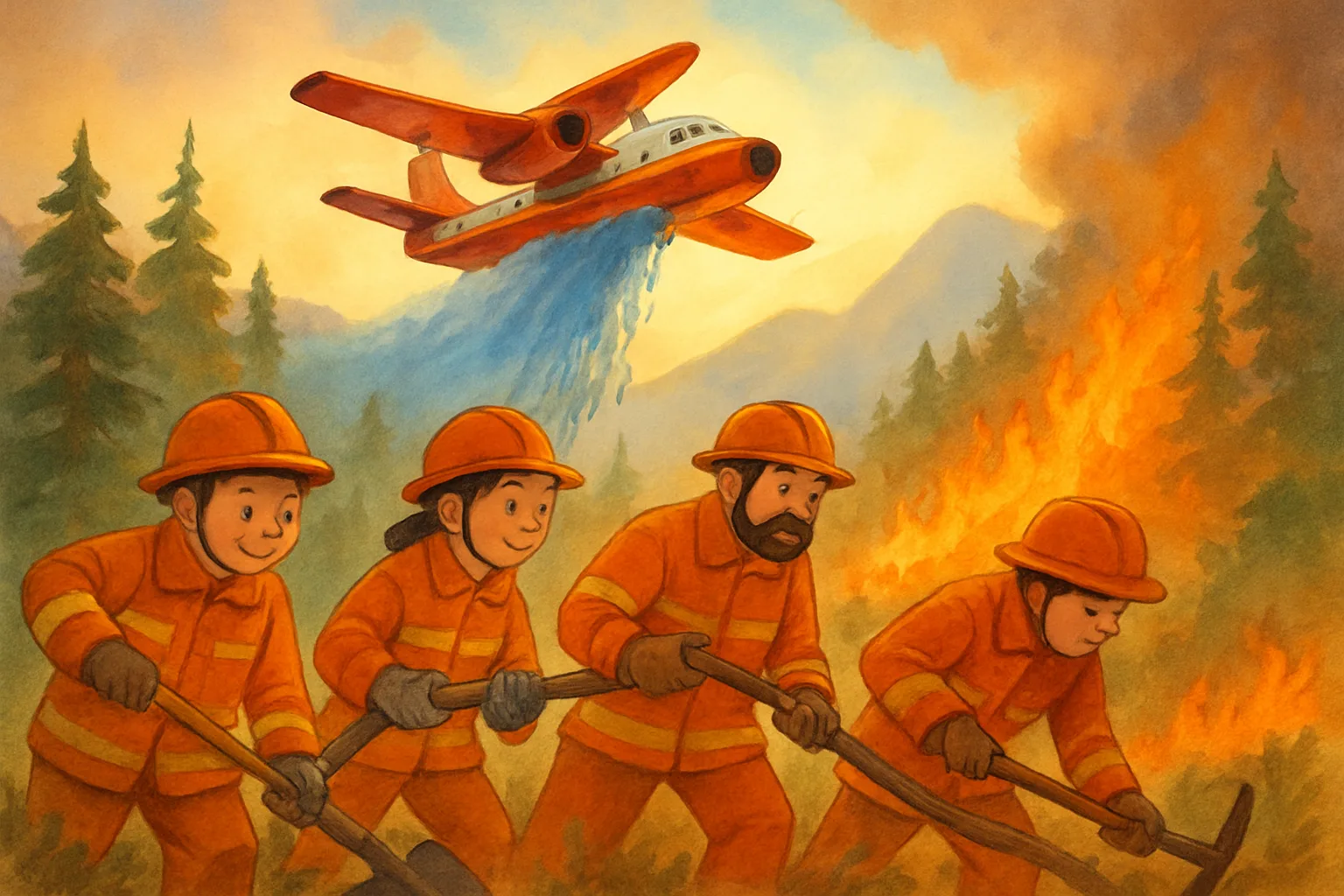 Illustrated firefighters in orange gear working together while a red water-dropping airplane flies overhead in Colorado mountains