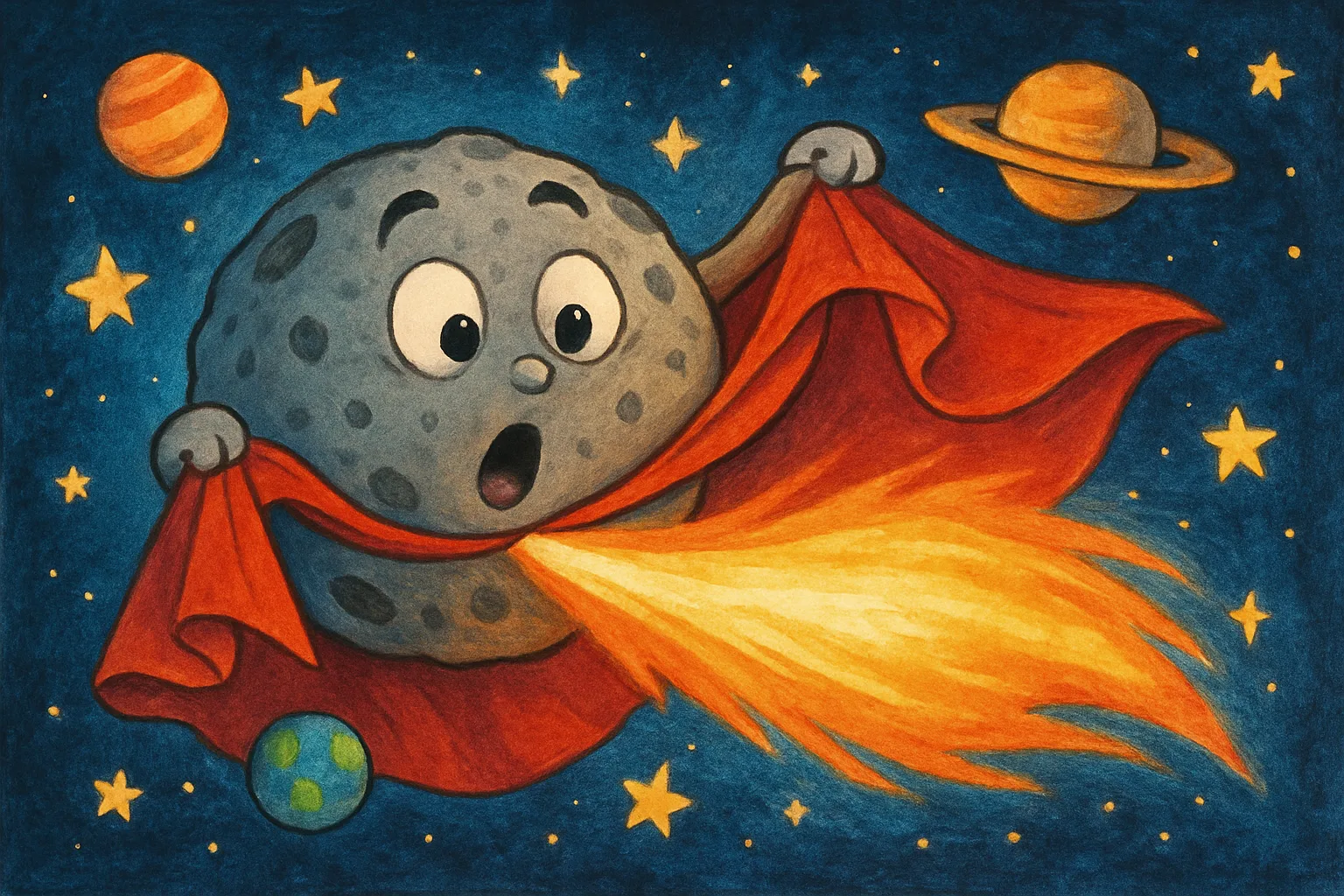 A cartoon asteroid pulling back its disguise to reveal a glowing comet tail hidden underneath, set against a starry night sky