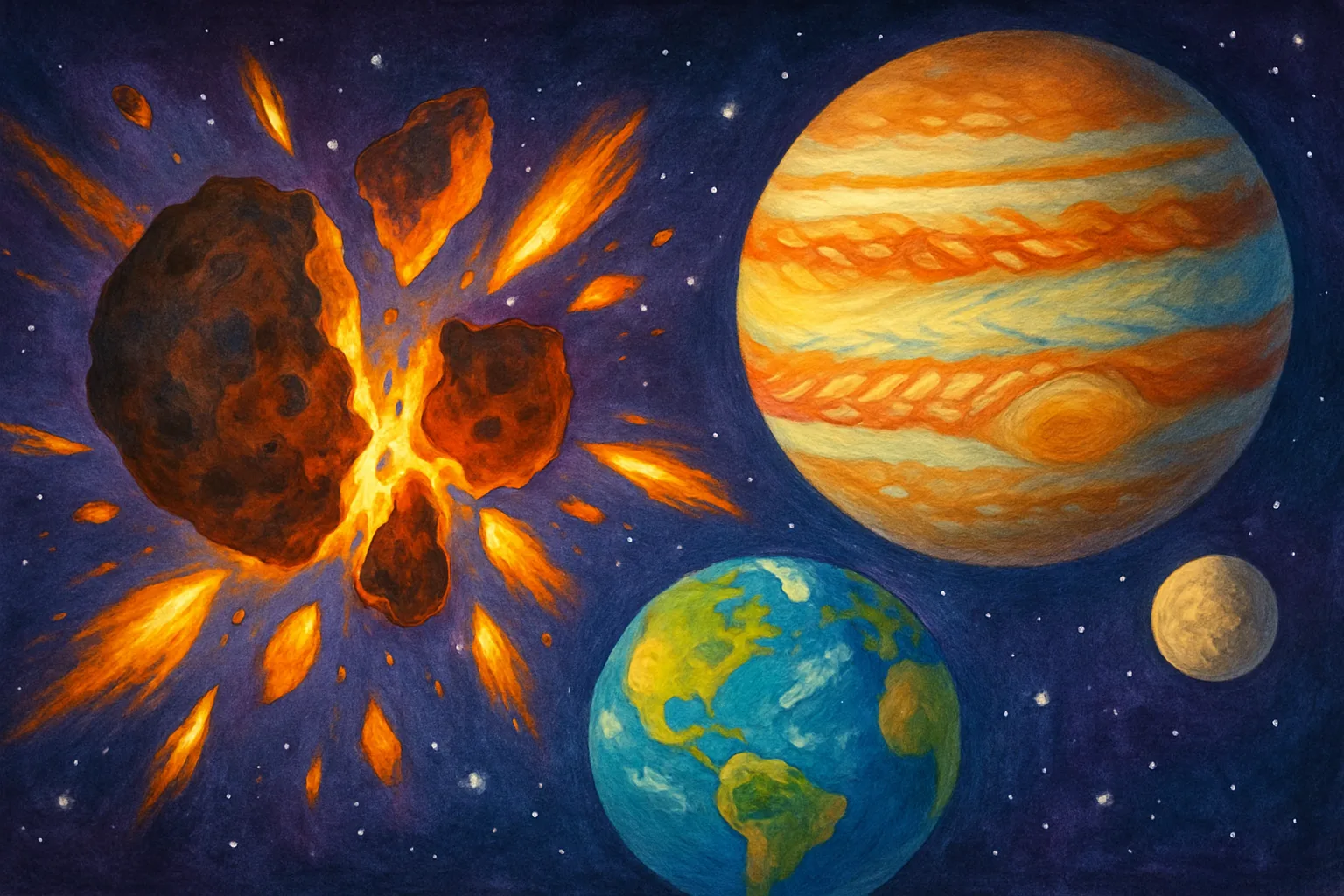 An asteroid breaking apart near Jupiter while fragments fly toward an early Earth and Moon