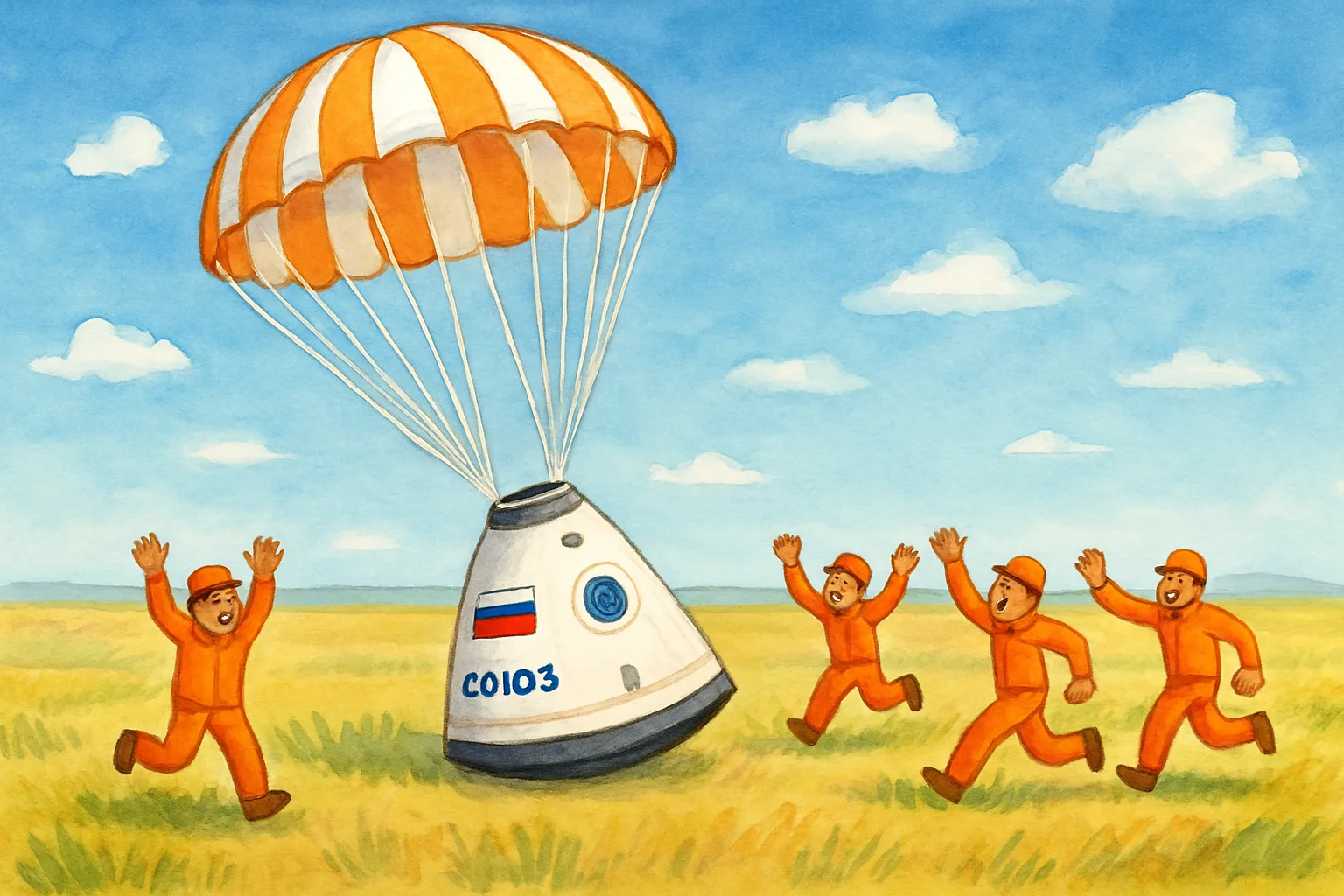 A Soyuz spacecraft descending on a large parachute toward the flat grassy steppe of Kazakhstan