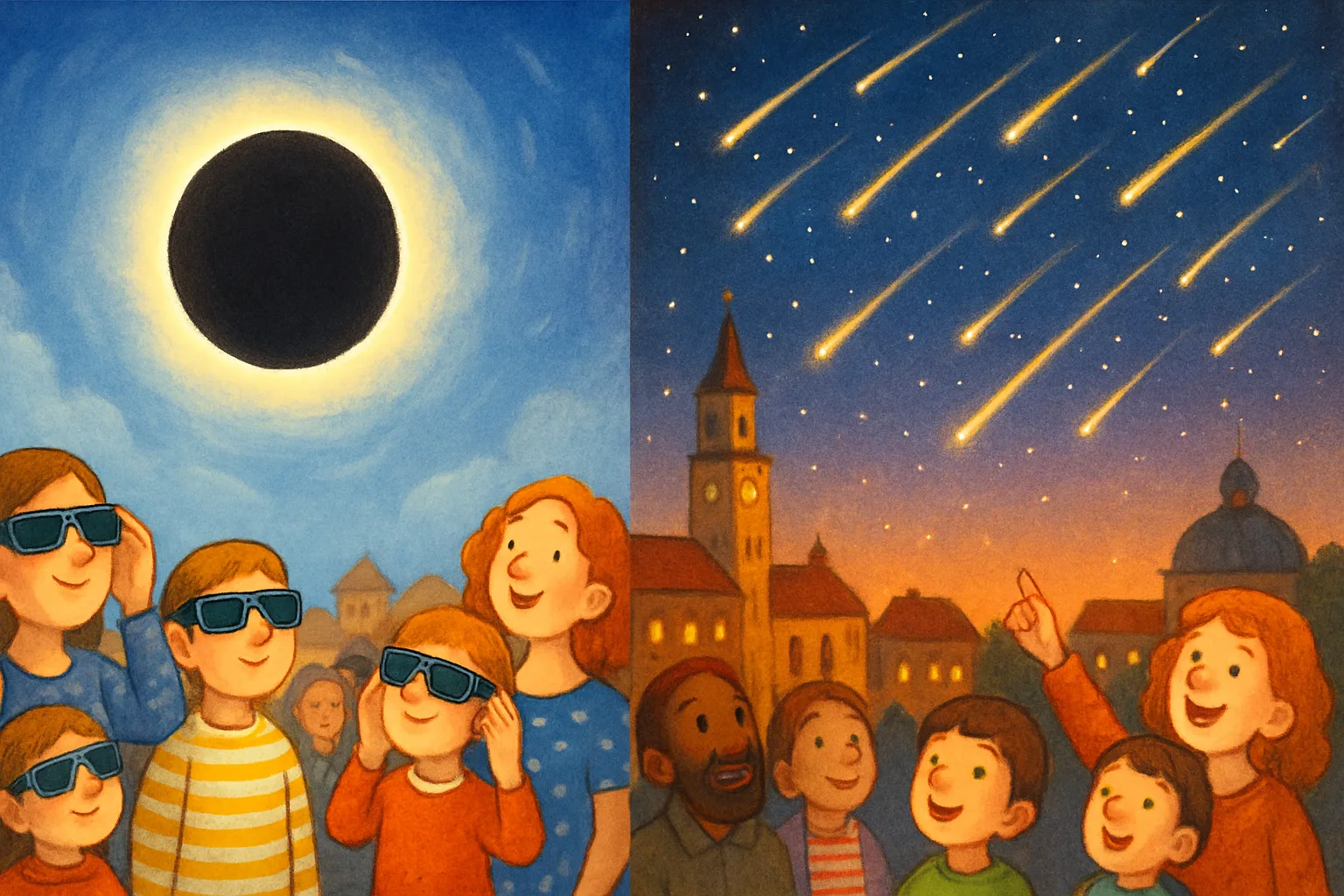 A children's book split illustration showing a total solar eclipse on the left and a meteor shower of bright shooting stars on the right over a European city skyline