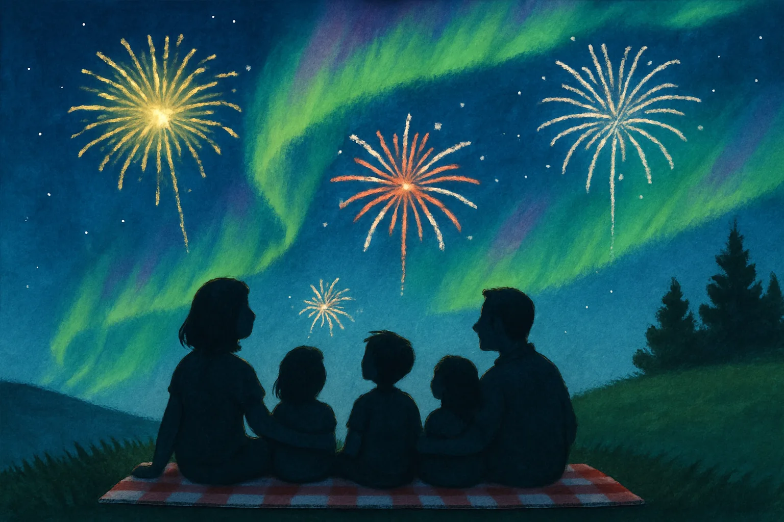 Green and purple aurora borealis glowing over a dark landscape on July 4th night, with a family watching from a hilltop