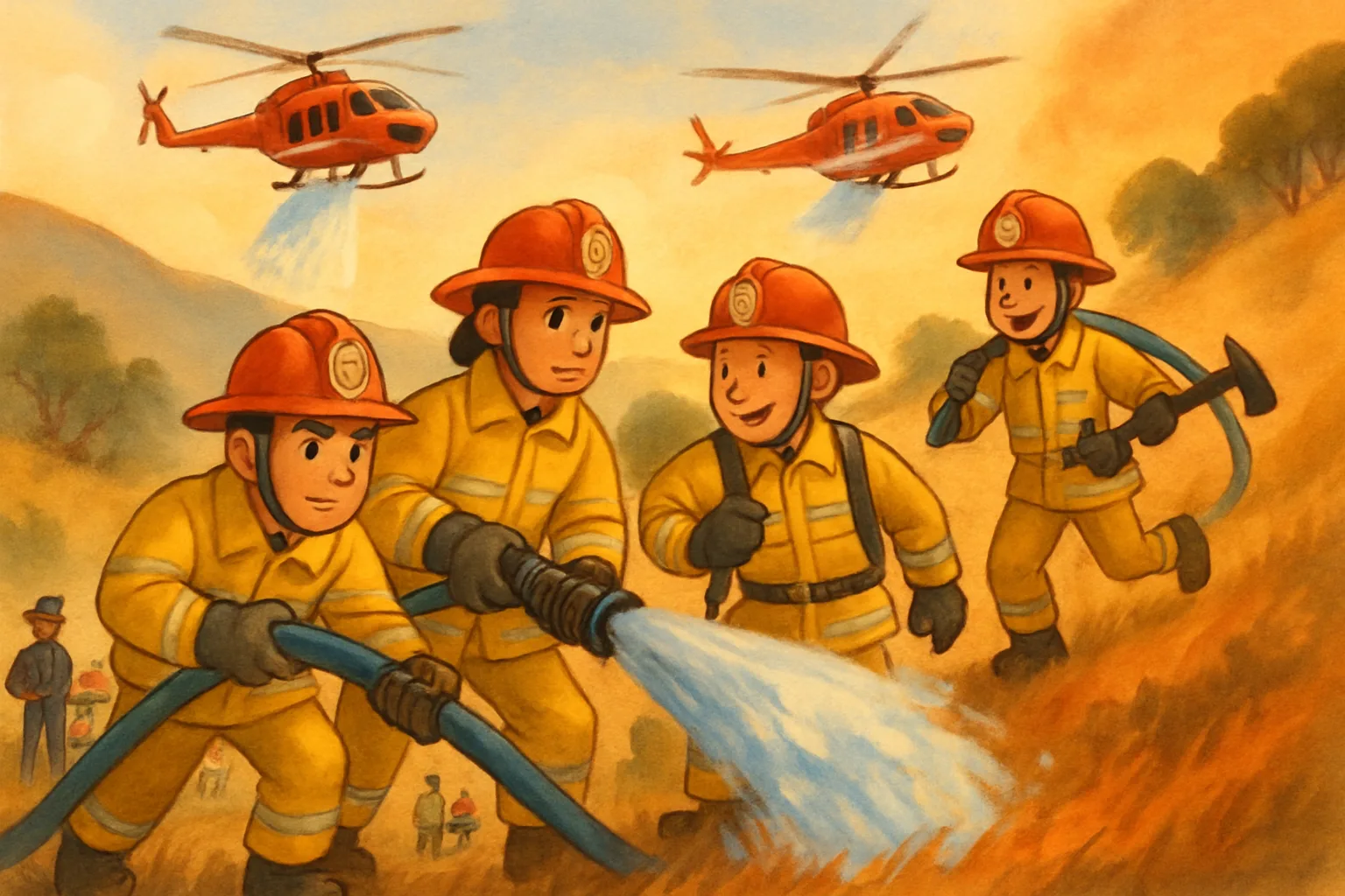 Firefighters in yellow protective gear working as a team near a hillside with helicopters dropping water above them