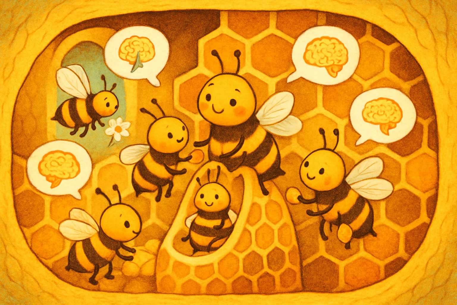 Illustration of a bee hive cross-section showing bees doing different jobs with glowing brain circuits in thought bubbles
