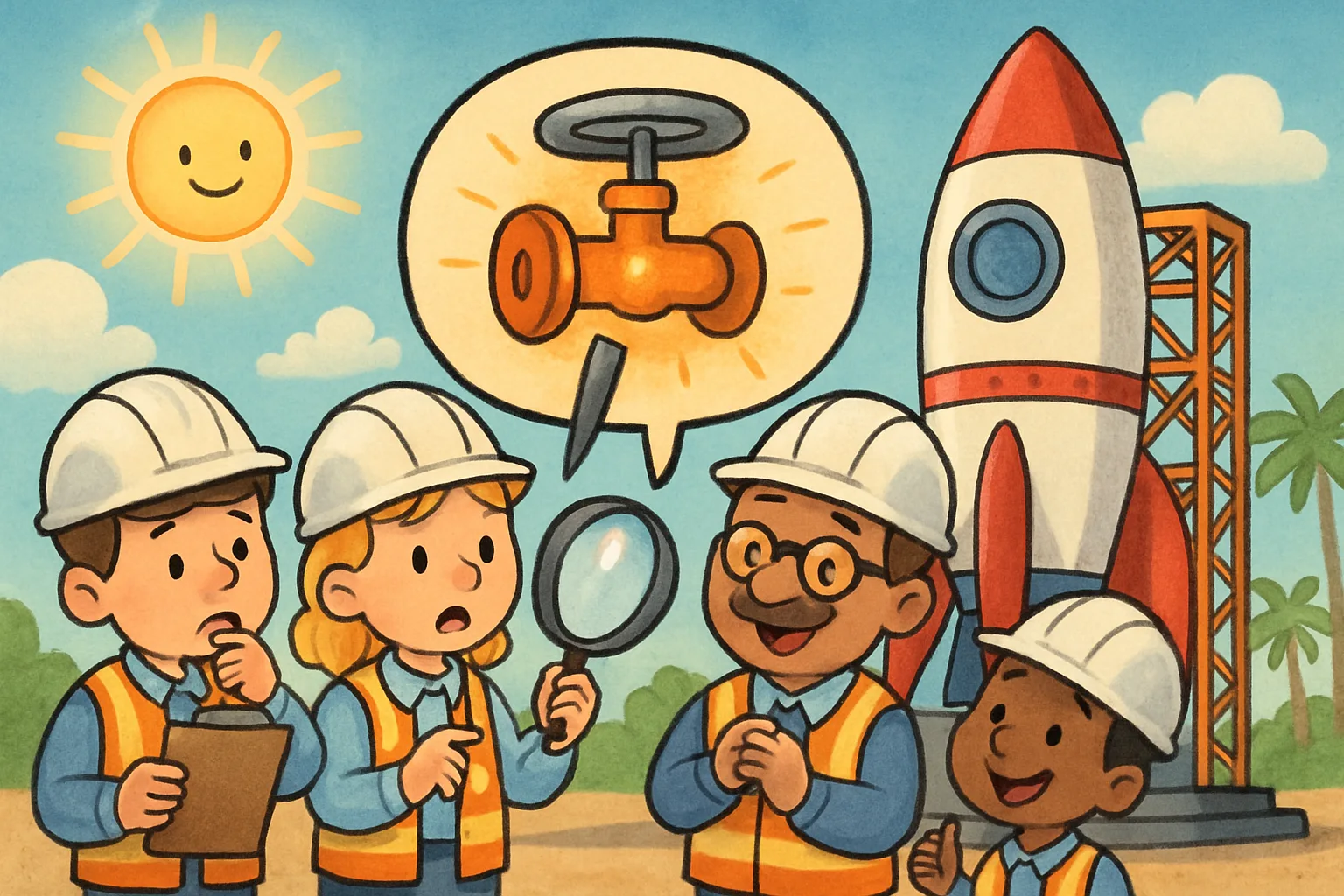 Cartoon engineers examining a rocket blueprint with a small glowing valve highlighted, representing the Blue Origin New Glenn investigation