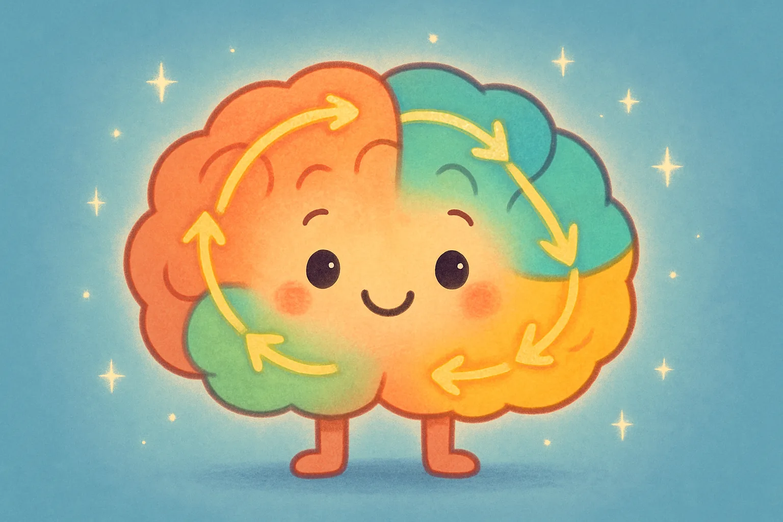 A colorful cartoon brain with glowing arrows showing information flowing in loops between different brain regions