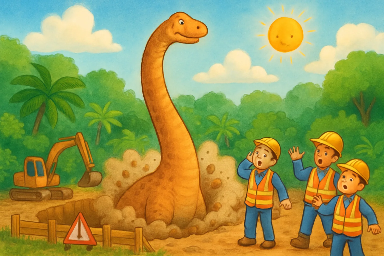 A giant long-necked dinosaur emerging from soil at a construction site surrounded by amazed workers