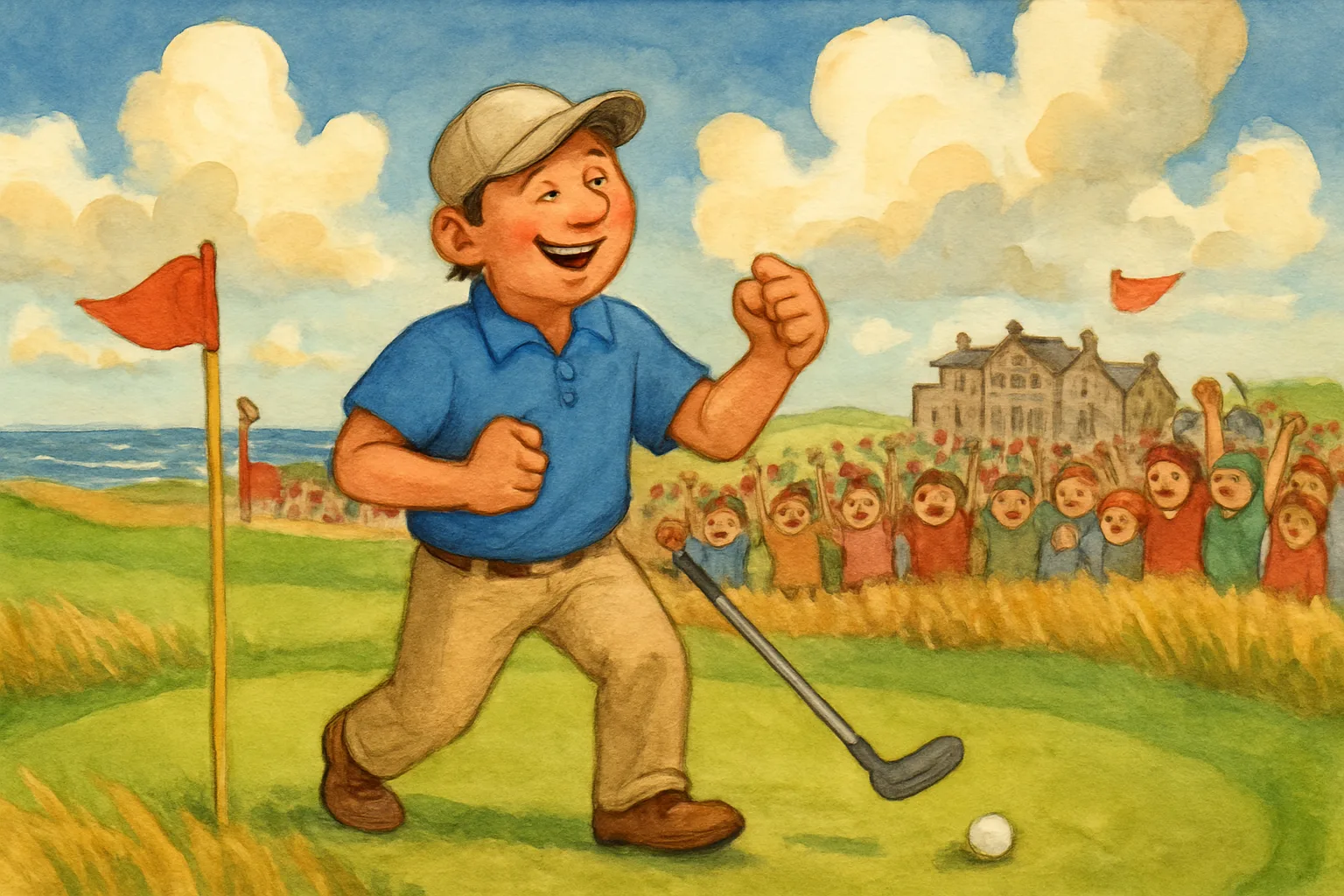 Illustration of golfer Lucas Herbert celebrating a putt on the links course at Royal Birkdale with a cheering crowd