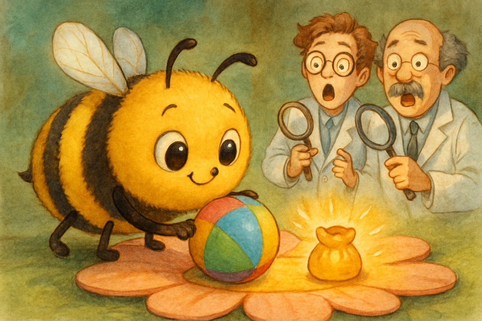 A cartoon bumblebee pushing a small ball toward a flower to solve a puzzle while surprised scientists watch