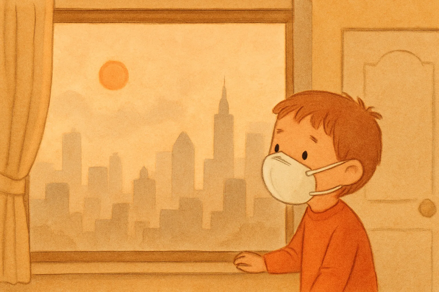 A city skyline covered in orange haze from wildfire smoke, with a child safely watching from inside a house