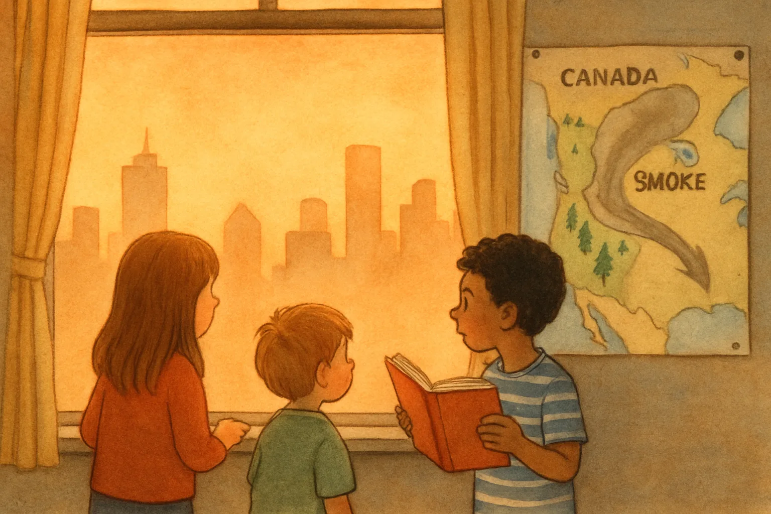 Illustrated city skyline under an orange hazy sky from wildfire smoke, with children safely indoors looking out