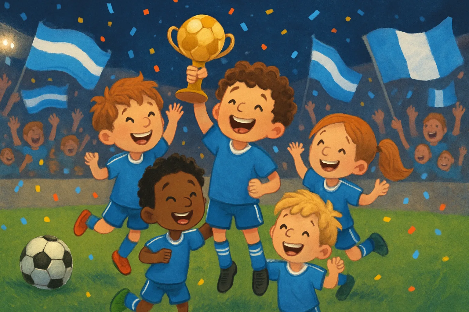 Cape Verde soccer players in blue jerseys celebrating on the field, with fans cheering and blue and white flags waving