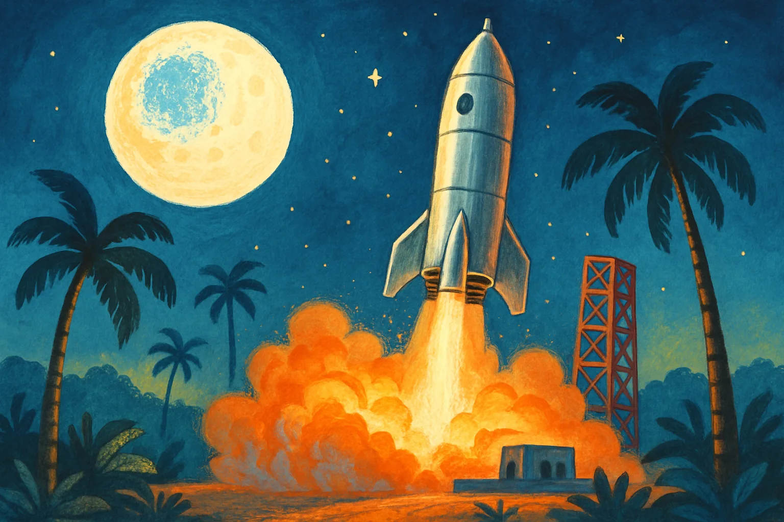 A rocket launching toward a glowing Moon with an icy south pole crater visible against a starry night sky