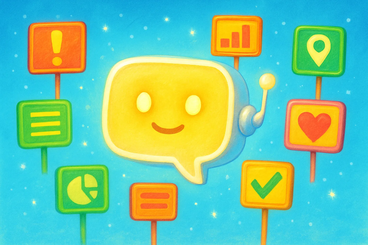 Friendly chat bubble robot surrounded by colorful floating signs in a digital sky
