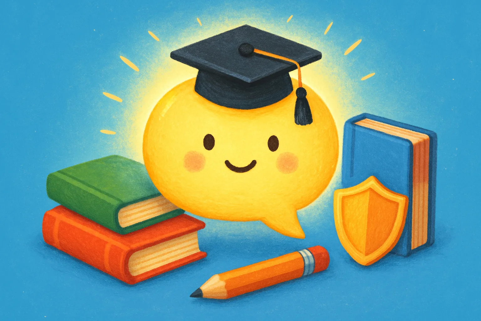A friendly glowing AI chat bubble wearing a graduation cap surrounded by school books and a protective shield, in a colorful children's book illustration style