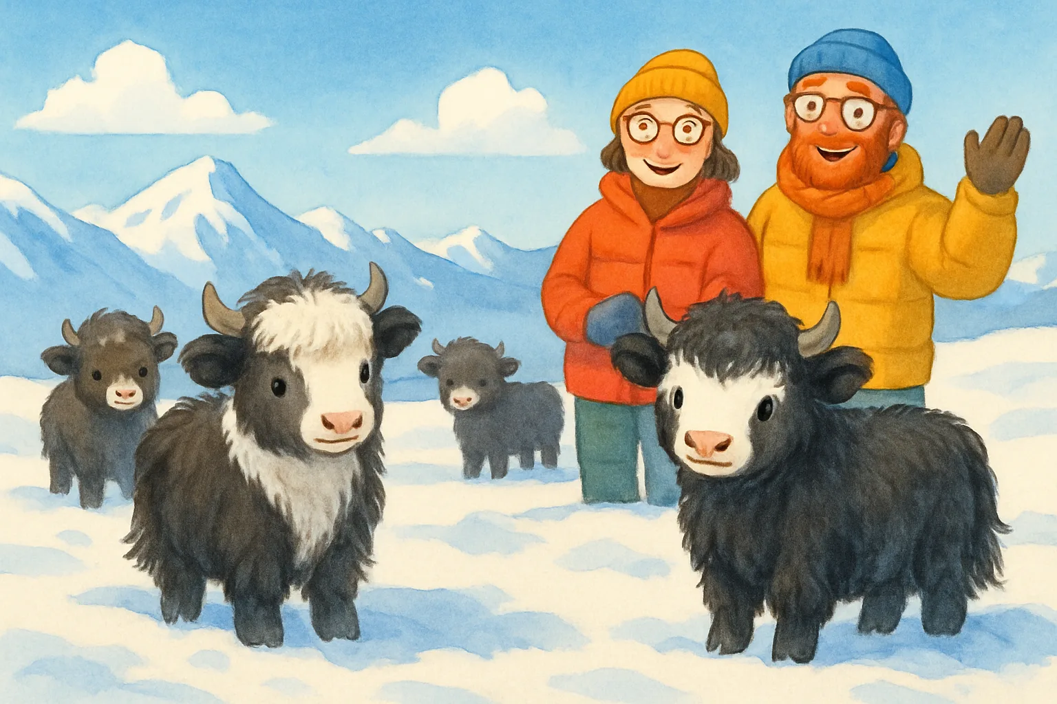 Fluffy black and white baby yak clones standing on a snowy Tibetan plateau with mountains in the background and smiling scientists nearby