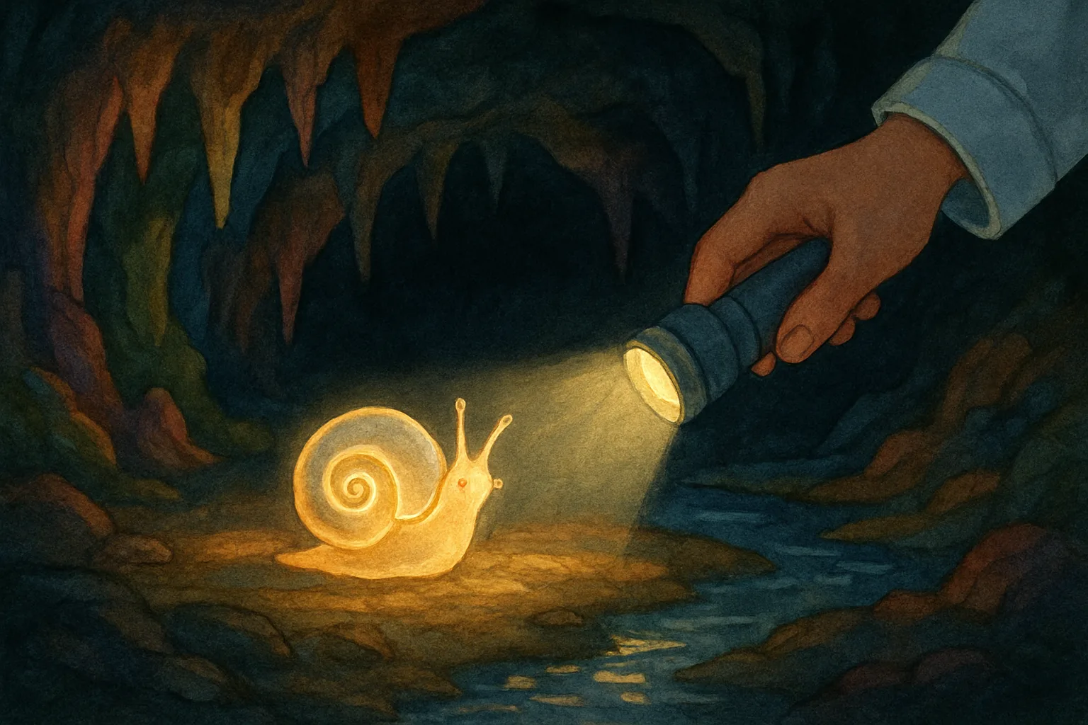 A tiny glowing translucent snail in a dark underground cave with rock formations