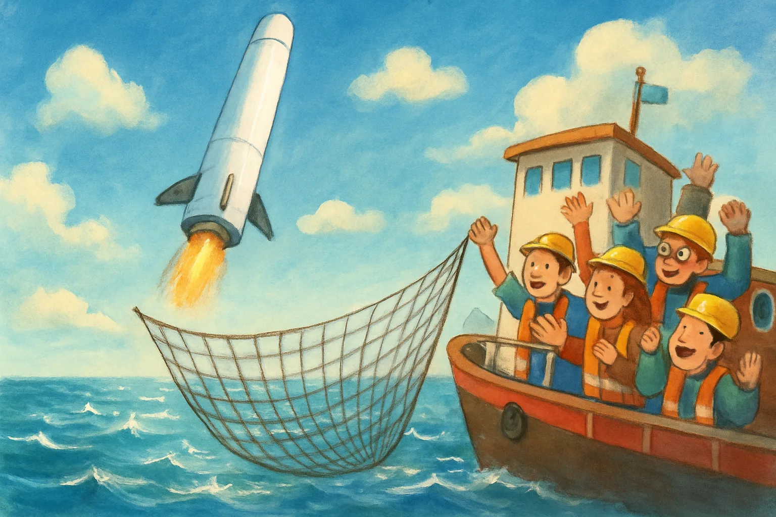 A rocket booster descends toward a ship with a catching net at sea