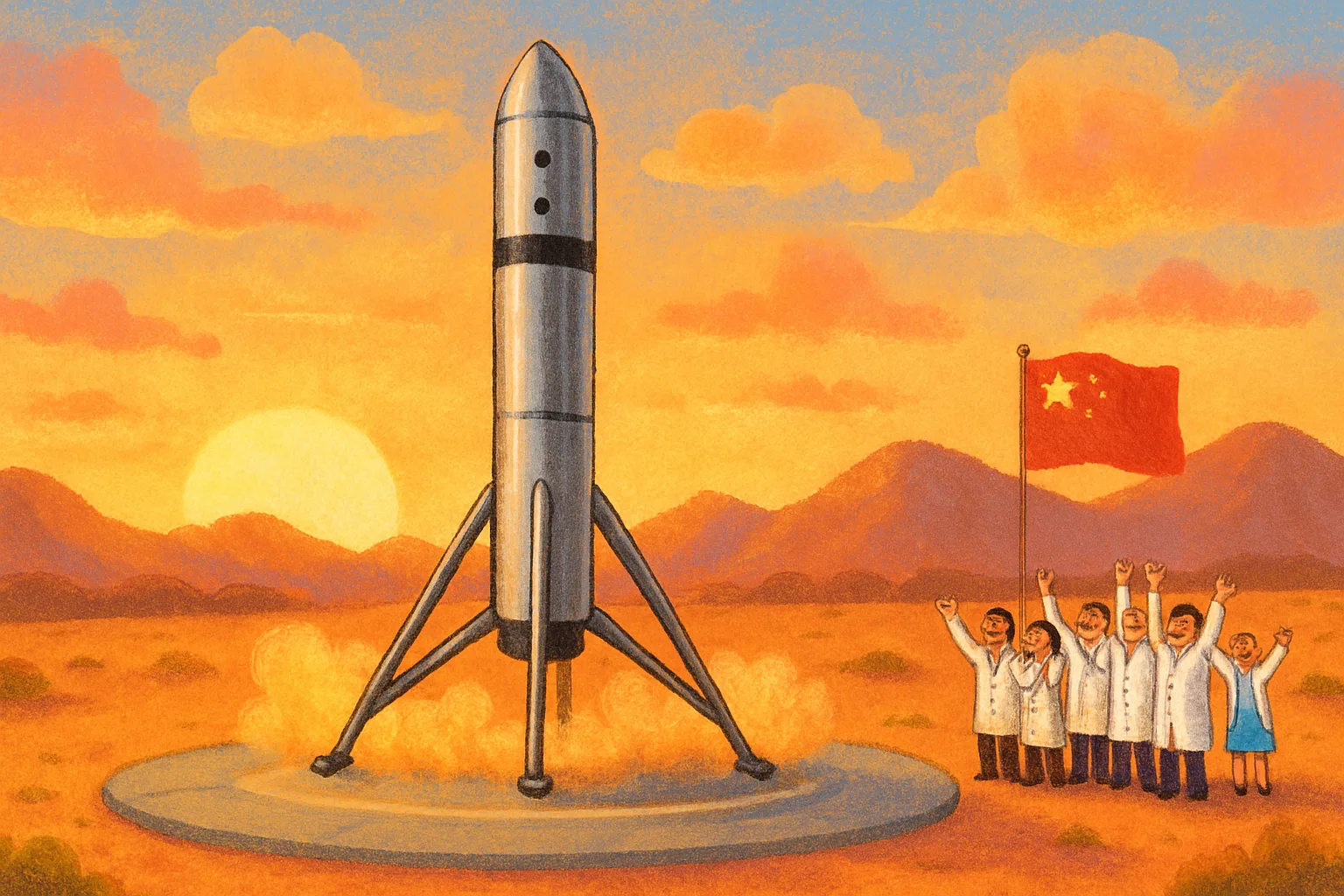 Illustration of China's Zhuque-3 rocket landing on its legs in a desert at sunrise