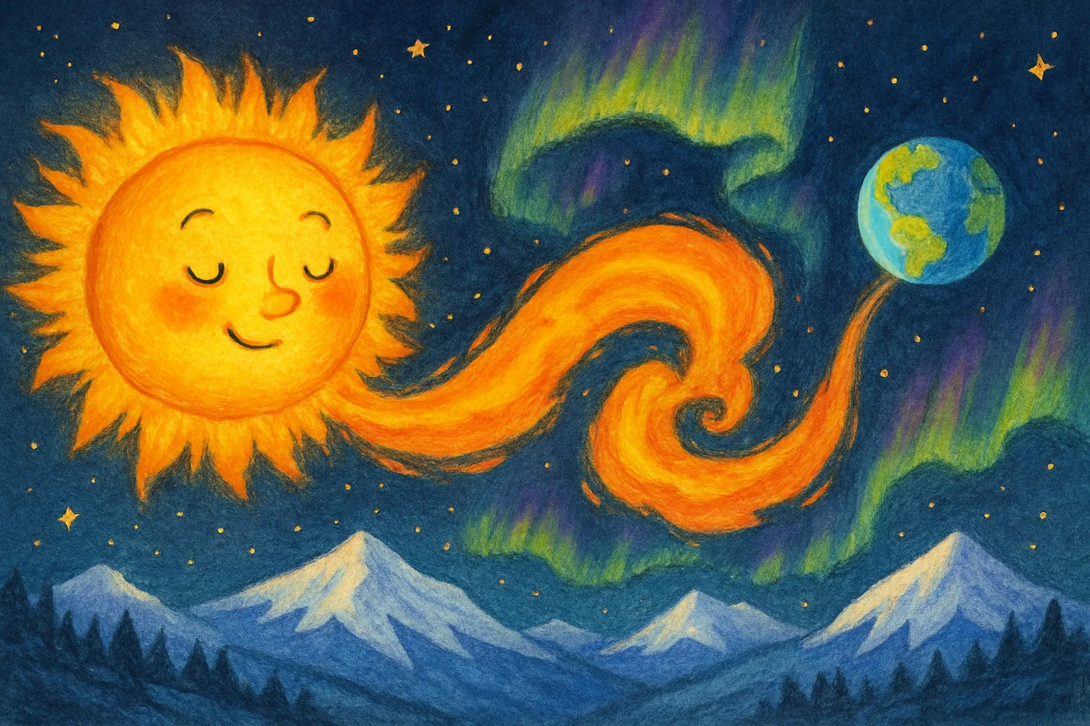 Colorful illustration of a solar blast traveling from the Sun toward Earth, with aurora lights appearing in the night sky