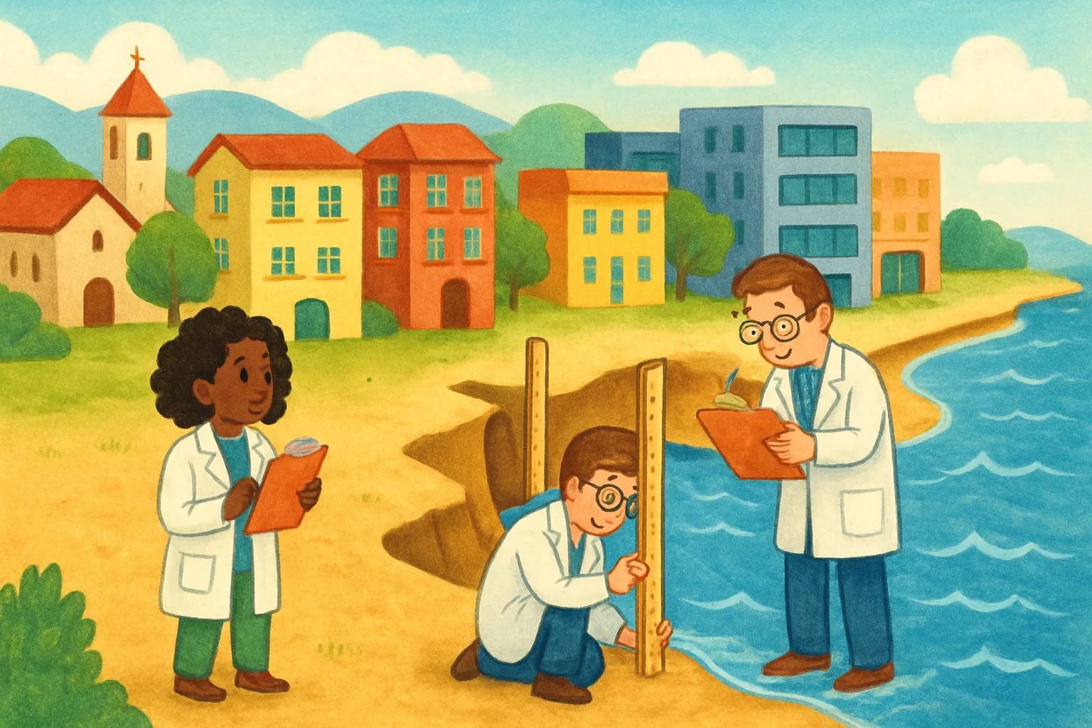 Illustration of a coastal city with buildings slowly sinking into the ground while scientists measure the land level near the ocean