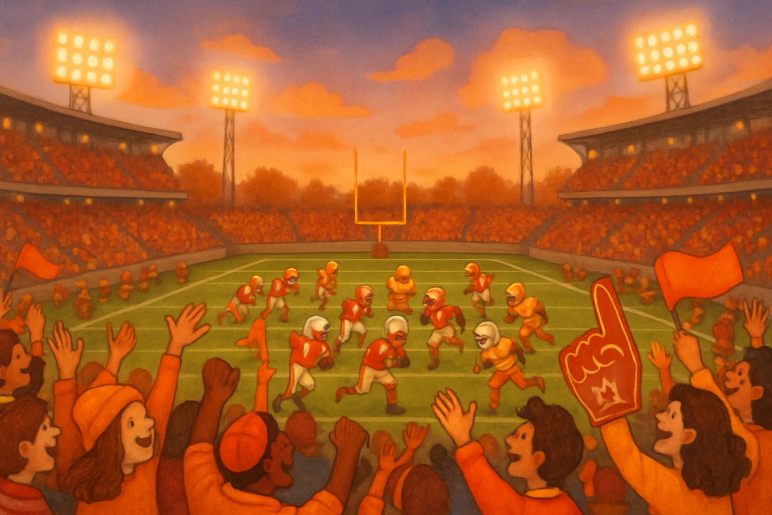 A packed college football stadium with cheering fans and players on the field under bright lights