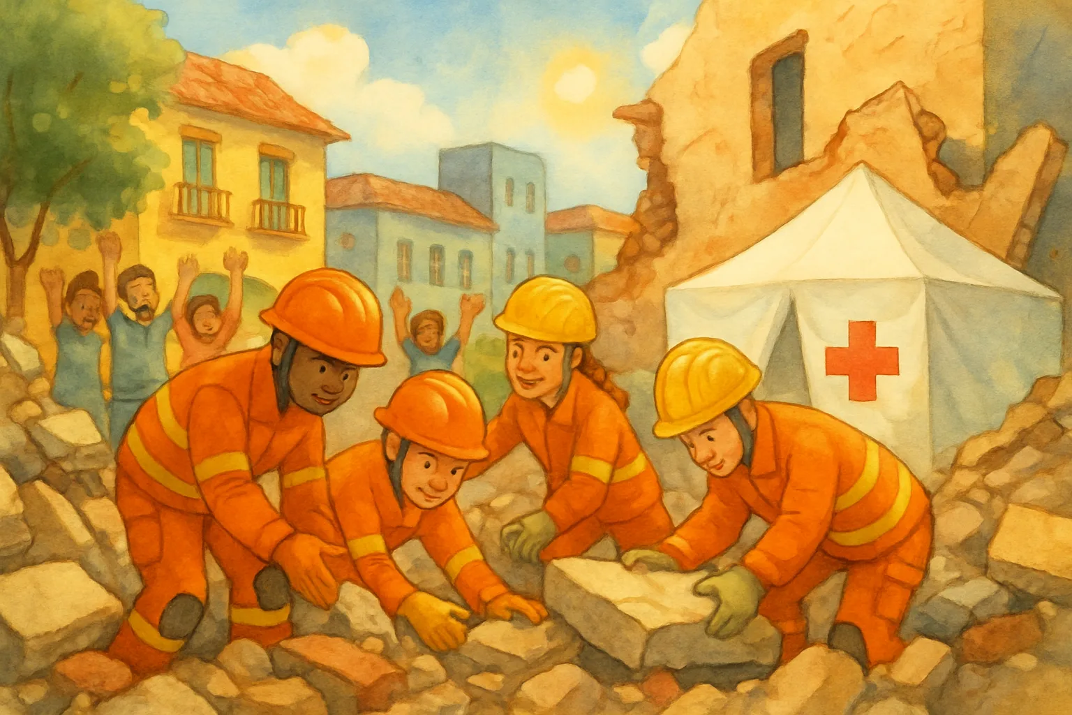 Rescue workers in orange helmets carefully searching through rubble while volunteers pass supplies in a chain