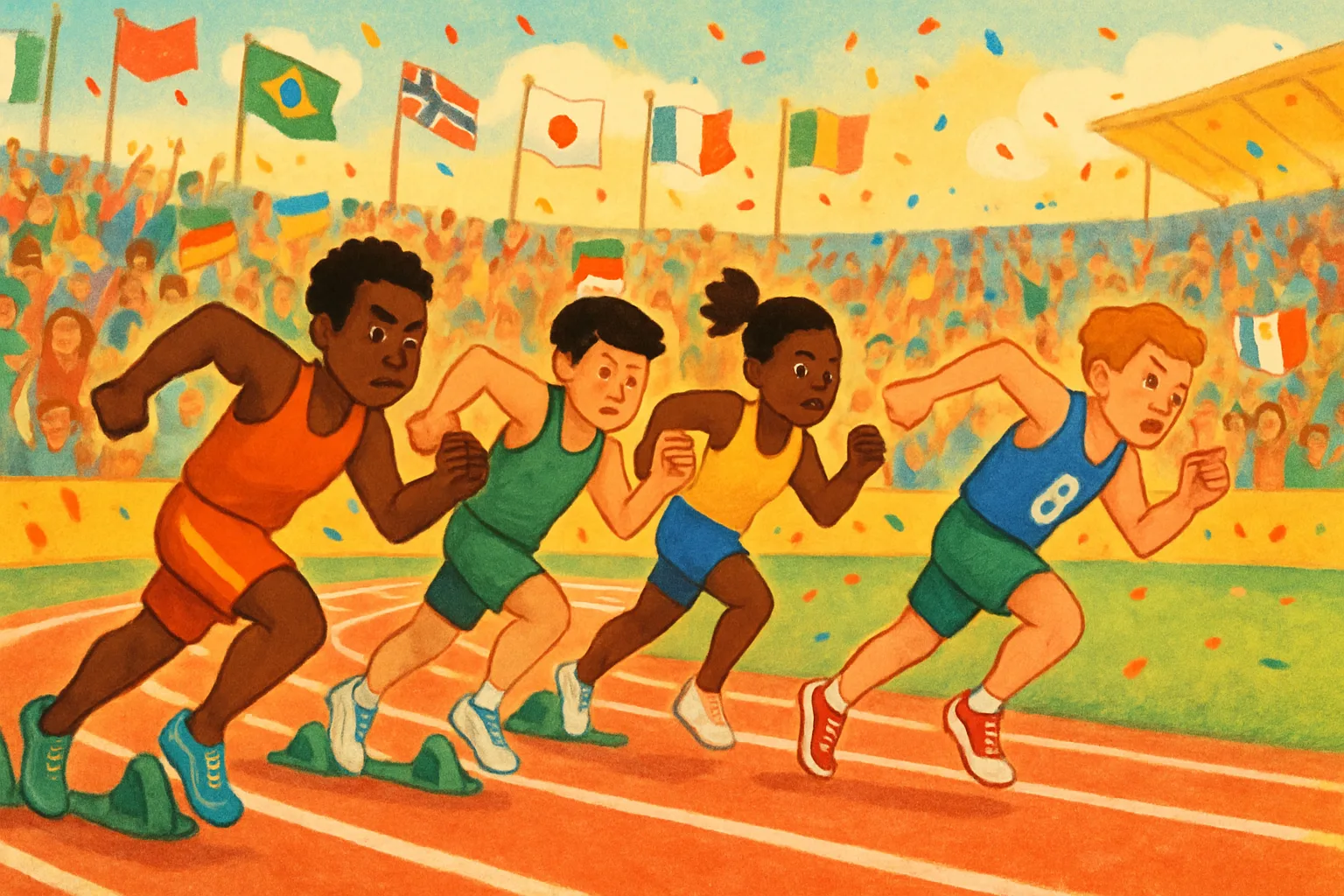 Illustrated sprinters racing on a colorful track in a packed stadium with flags from many countries