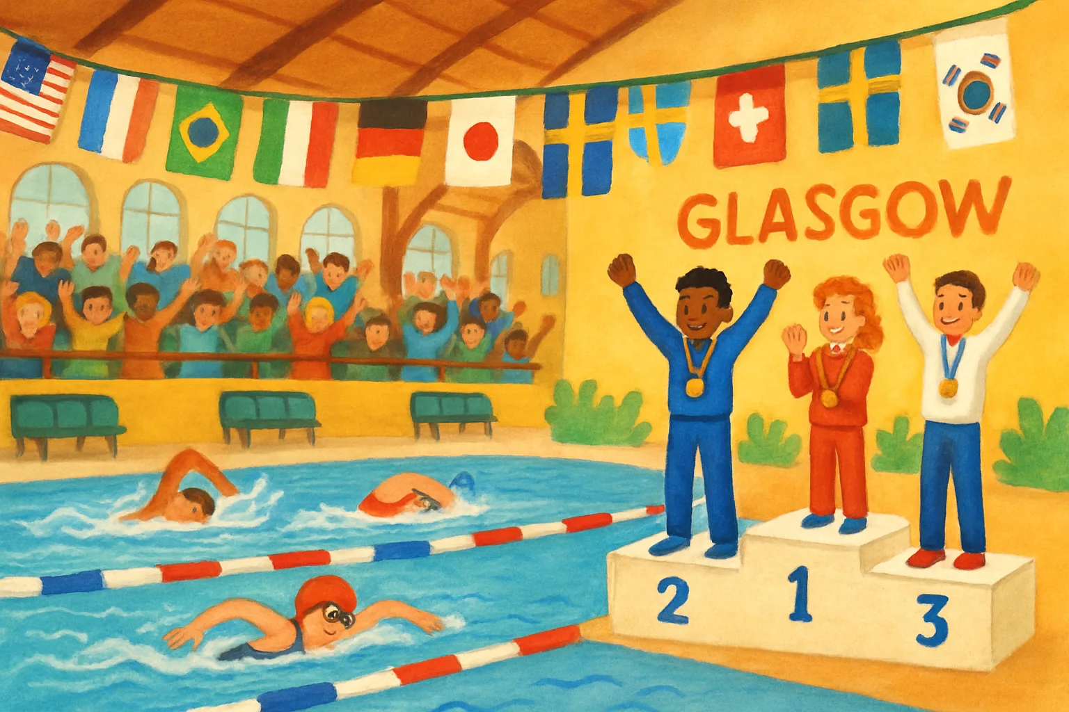 Swimmers racing in a pool at the Commonwealth Games in Glasgow with colorful national flags hanging overhead