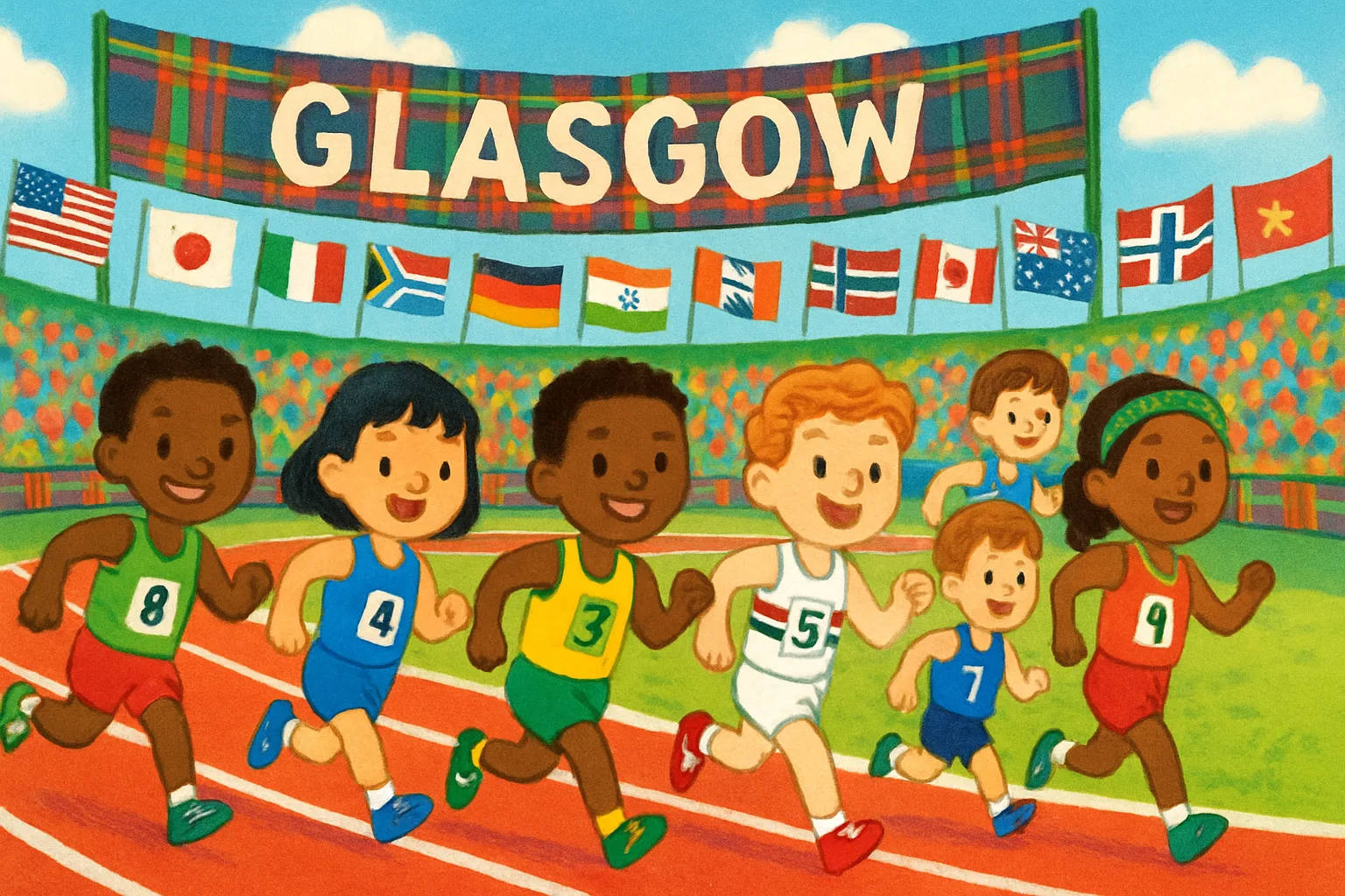 Athletes from around the world running on a colorful track at the Commonwealth Games stadium in Glasgow