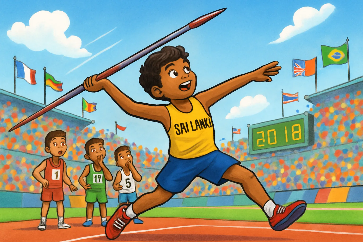 A javelin thrower in Sri Lanka colors launching a javelin into a sunny stadium sky at the Commonwealth Games in Glasgow, surrounded by cheering fans and waving flags